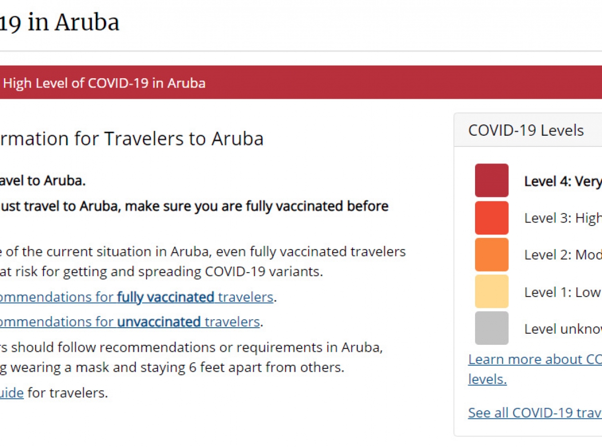 Aruba poni den nivel di risico 'Very High' pa motibo di Covid-19