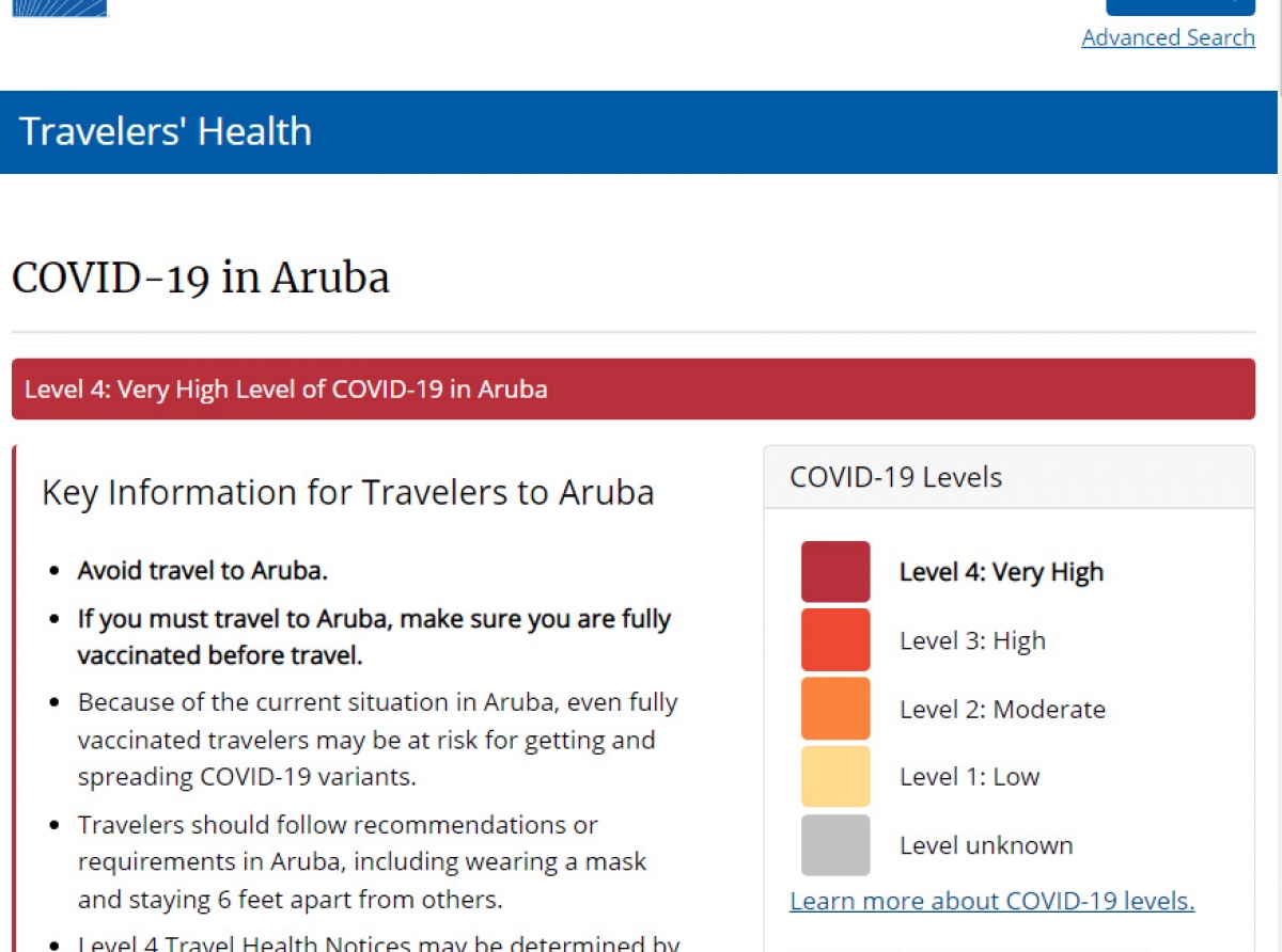 CDC a eleva e nivel di risico pa Aruba te na nivel maximo