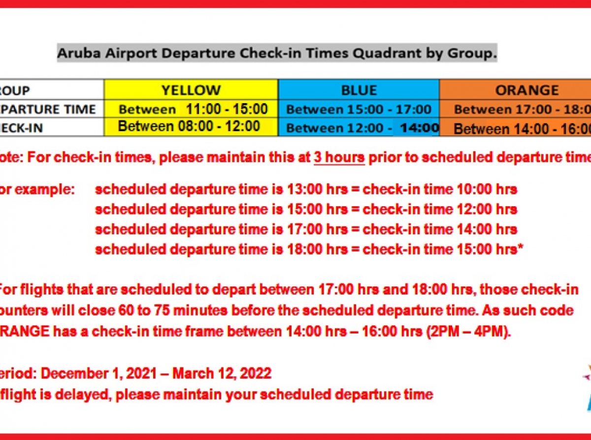 Aeropuerto a adapta e ‘check-in time’ pa tur colornan di cada grupo