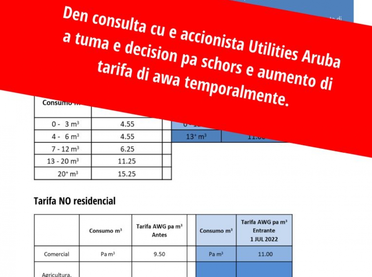 WEB Aruba NV a para aumento di tarifa di awa temporalmente