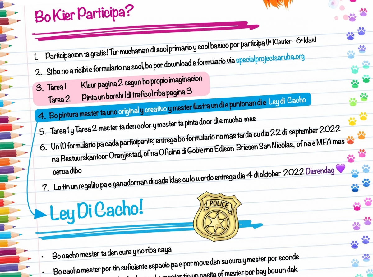 Concurso di pinta y kleur “Ley di Cacho” 2022 ta pa siña muchanan riba debido cuido di nan mascota
