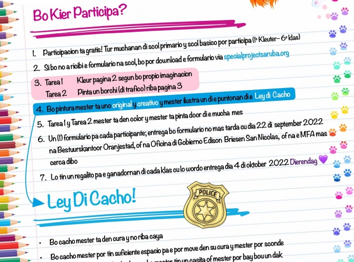 Concurso di pinta y kleur “Ley di Cacho” 2022 ta pa siña muchanan riba debido cuido di nan mascota