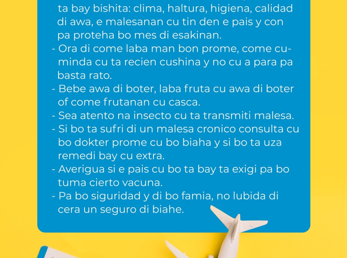 Departamento di Salud cu algun conseho pa tur biahero