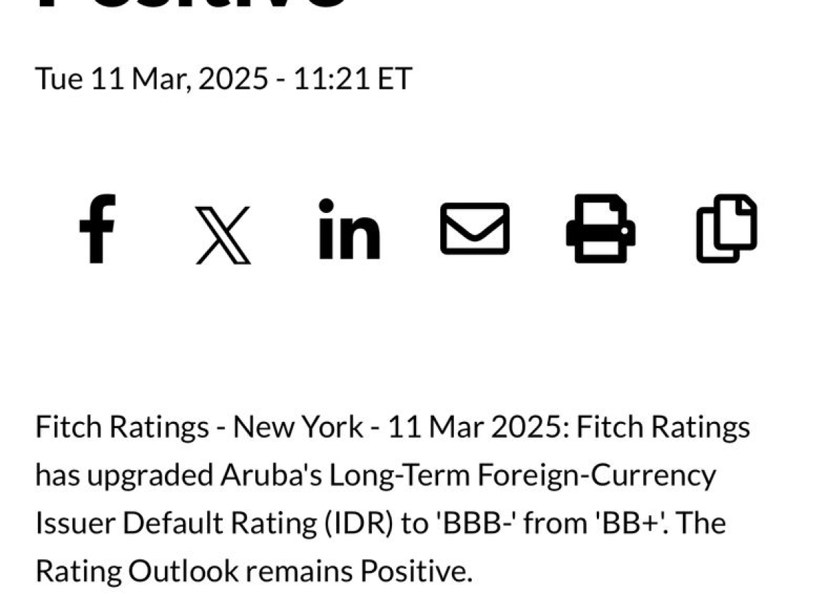 Fitch Ratings ta hisa Aruba su rating na nivel di inversion