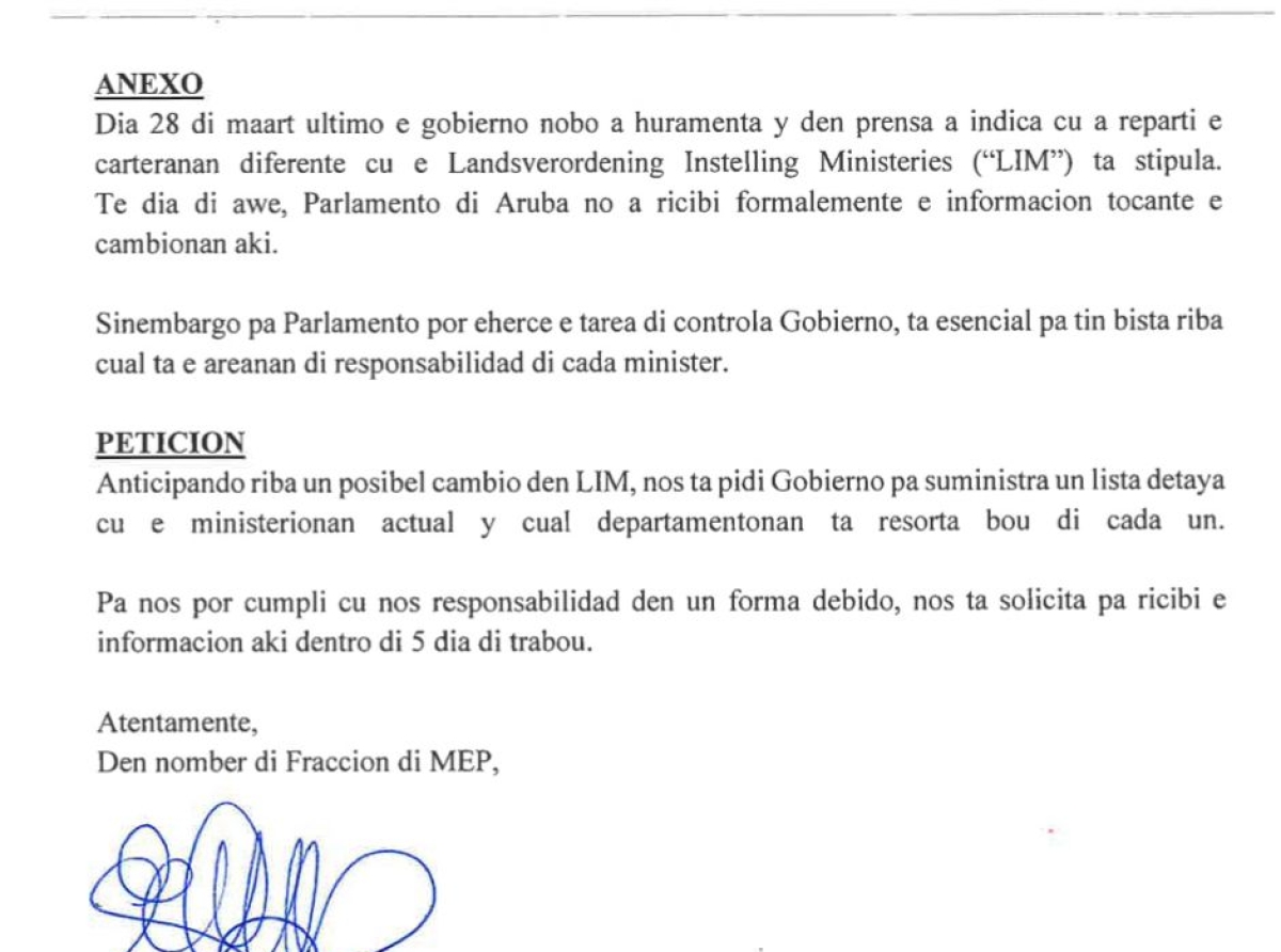 Ta importante pa e gobierno actual bin aclara na Parlamento cua minister ta encarga cu cua cartera