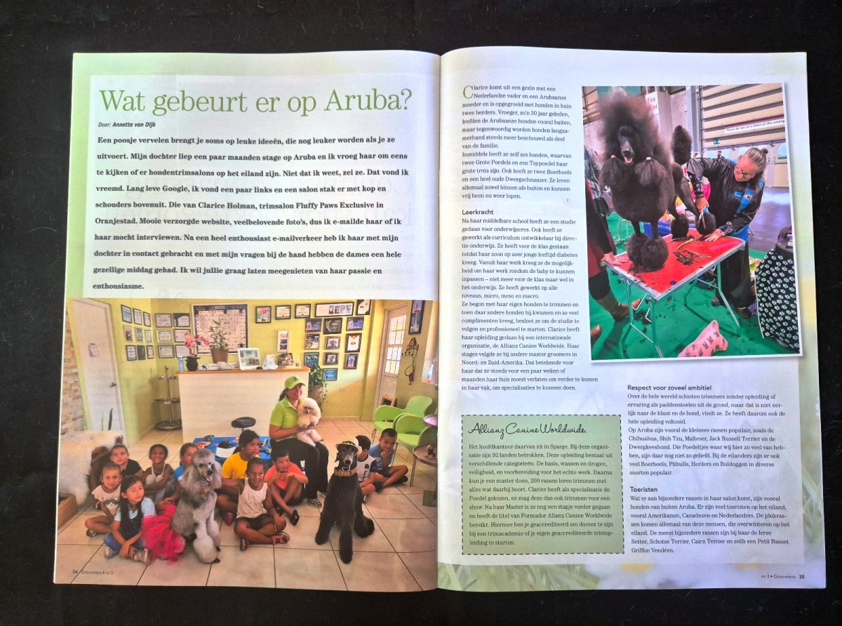 Master Groomer Clarice Holman a haci su debut den un revista renombra na Europa